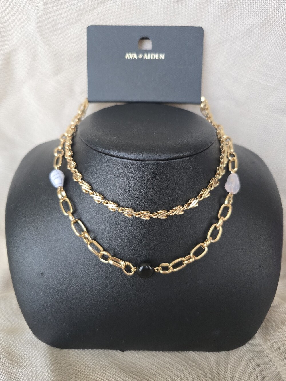 Ava & Aiden Gold Layered Chain Necklace with Black and Lavender Beads